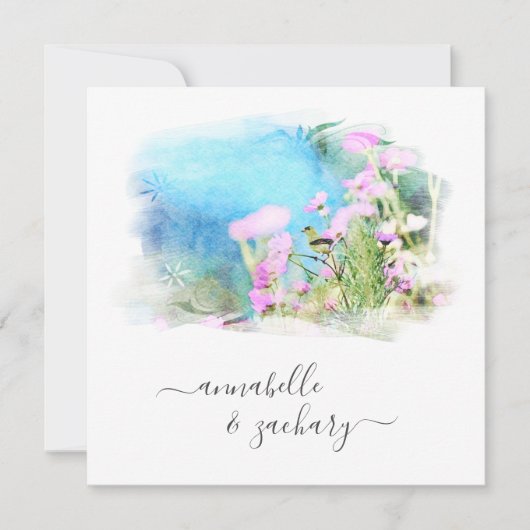 *～* RSVP - QR水色AR15鳥型フローラ結婚 招待状 (正面)