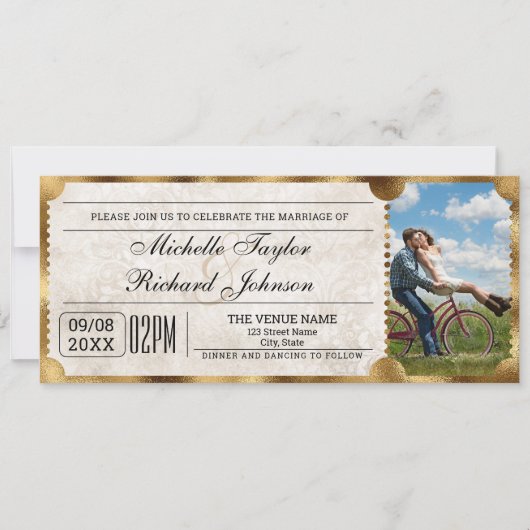 RSVP QR素朴コードを使用したヴィンテージムービーチケット 招待状 (正面)