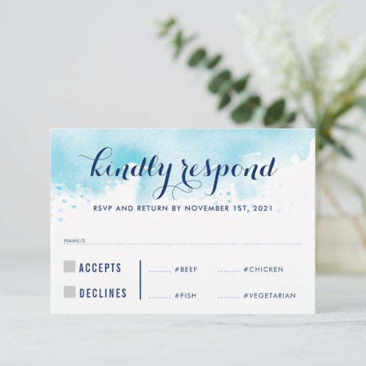 RSVP REPLY RESPONSEモダン blue water color meals (スタンド正面)