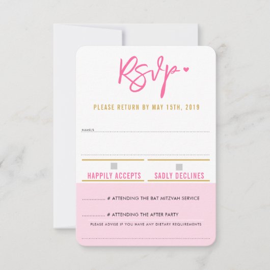 RSVP RETURNかわいいピンクかわいらしの白いハート金ゴールド (正面)