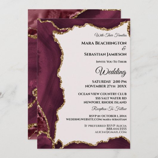*~* RSVP WebサイトMaroon AGATE金ゴールドAR13結婚 招待状 (正面/裏面)