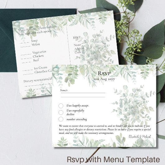 RSVP with Menuテンプレート素朴 Greenery Leaf Boho ポストカード