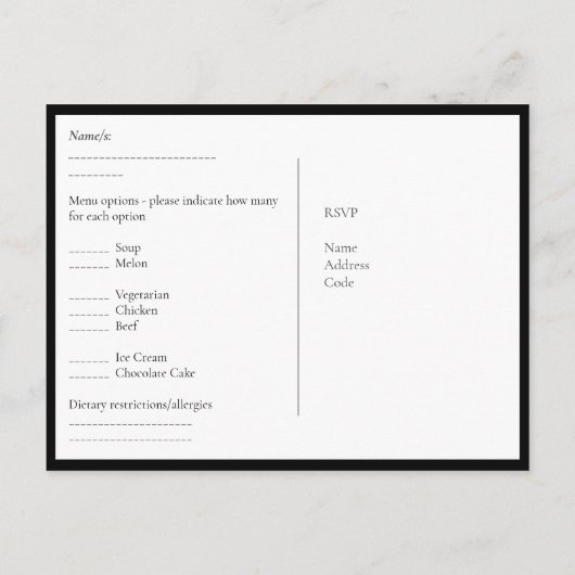 RSVP with Menu Template | Black Gold  ポストカード (裏面)