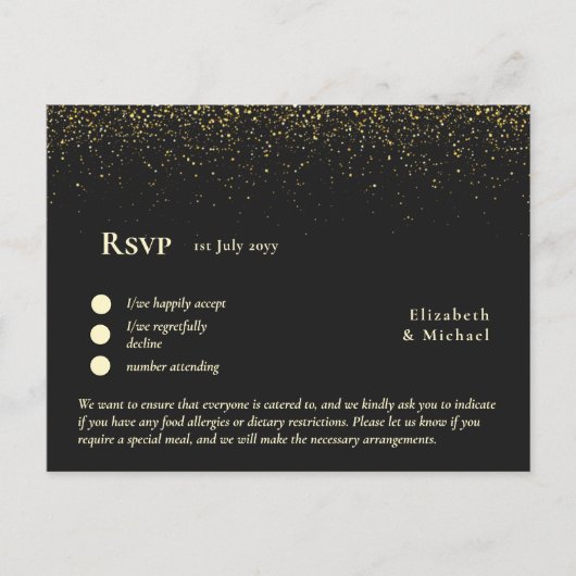 RSVP with Menu Template | Black Gold ポストカード (正面)