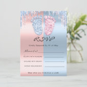 RSVPGenderリビール足グリッターピンクブルーベビーツイン 招待状 (スタンド正面)