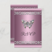 RSVPSweet sixteen誕生日サテンピンクバタフライ 招待状 (正面/裏面)