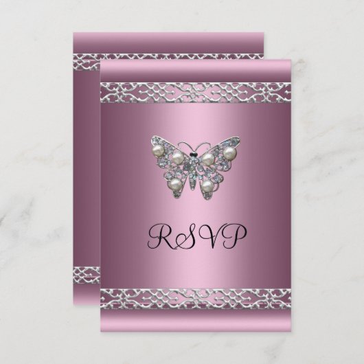 RSVPSweet sixteen誕生日サテンピンクバタフライ 招待状 (正面/裏面)