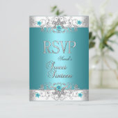 RSVPSweet sixteen16パーティーティール（緑がかった色）ブルーダイヤモンド 出欠カード (スタンド正面)