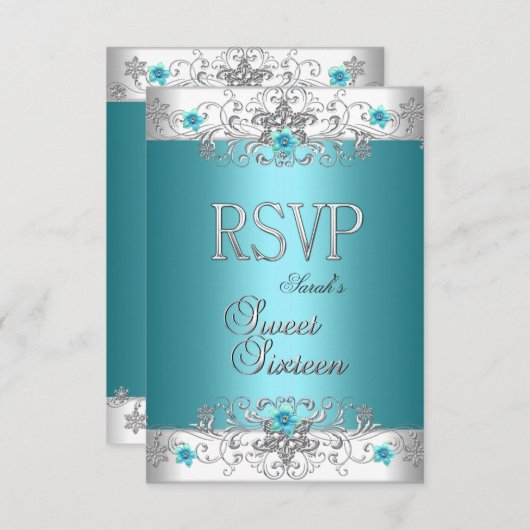 RSVPSweet sixteen16パーティーティール（緑がかった色）ブルーダイヤモンド 出欠カード (正面/裏面)