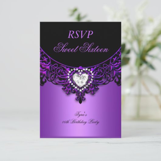 RSVPSweet sixteen16誕生日パーティパープルブラック 出欠カード (スタンド正面)
