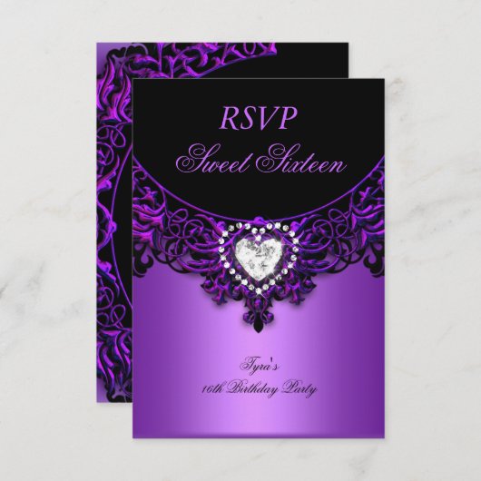 RSVPSweet sixteen16誕生日パーティパープルブラック 出欠カード (正面/裏面)