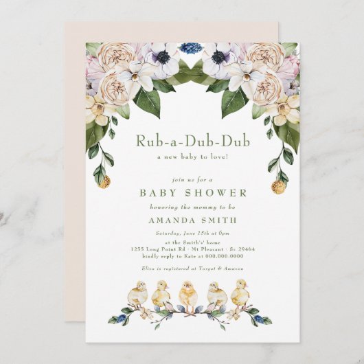 Rub-A-Dub-Dubイエローダックフローラベビーシャワー 招待状 (正面/裏面)