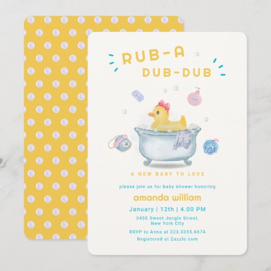 Rubber Duck Rub A Dub Dub Bathtub Baby Shower 招待状 (正面/裏面)