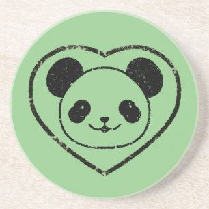 Rubber Stamped Panda Bear And Heart コースター