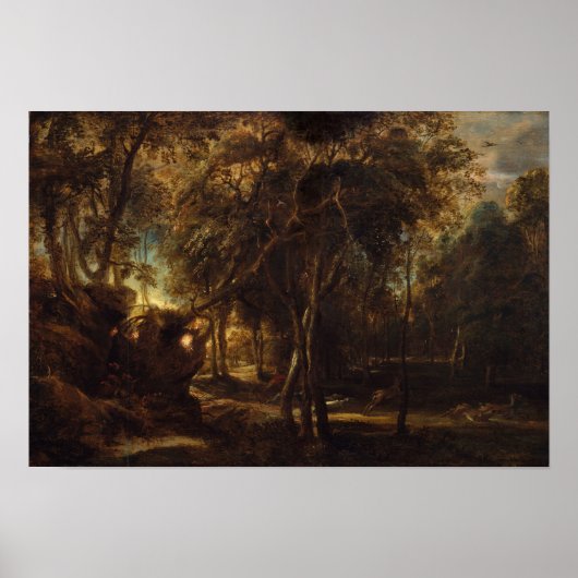 Rubens - Forest at Dawn with Deer狩り(Met) ポスター (正面)