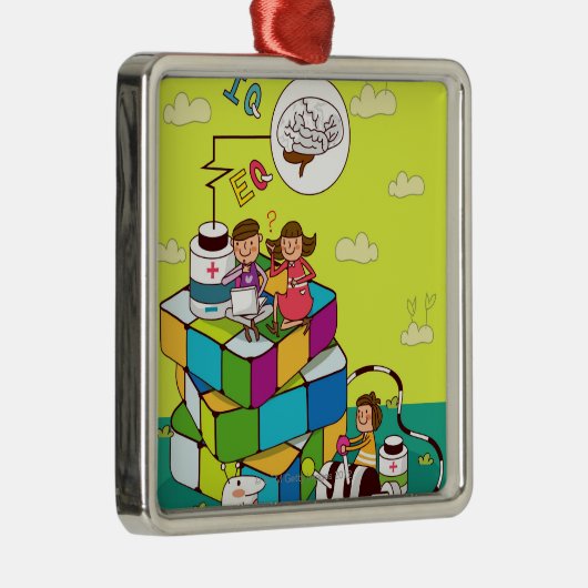 Rubikの立方体のパズルに坐っている女の子を持つ男の子 メタルオーナメント (右)