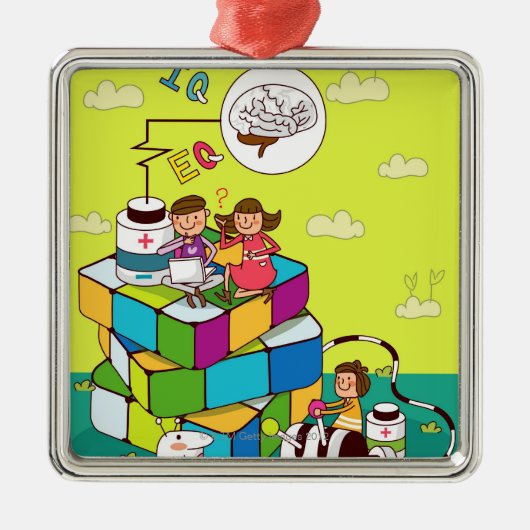Rubikの立方体のパズルに坐っている女の子を持つ男の子 メタルオーナメント (正面)