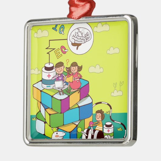 Rubikの立方体のパズルに坐っている女の子を持つ男の子 メタルオーナメント (左)