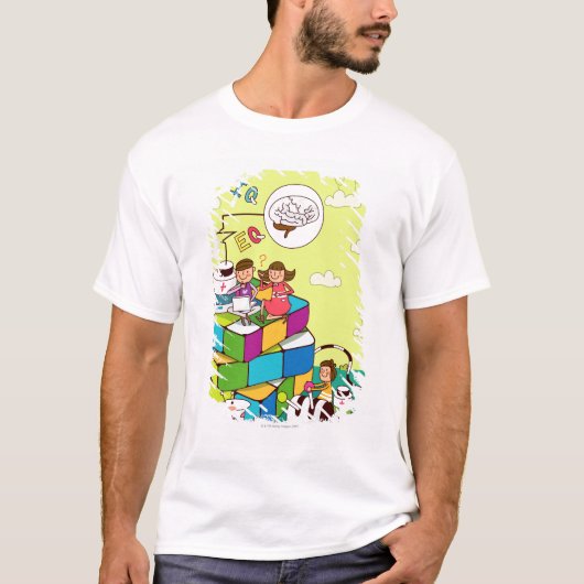Rubikの立方体のパズルに坐っている女の子を持つ男の子 Tシャツ (正面)