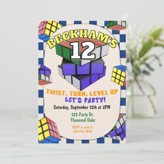 Rubik's Cube Birthday | Puzzle Cube Party 招待状 (スタンド正面)