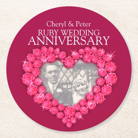 Rubyの結婚記念日ハート写真赤コースター ラウンドペーパーコースター (正面)