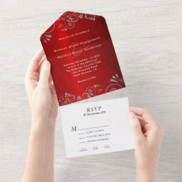 Rubyエレガント Red Gray Swirl結婚's オールインワン招待状