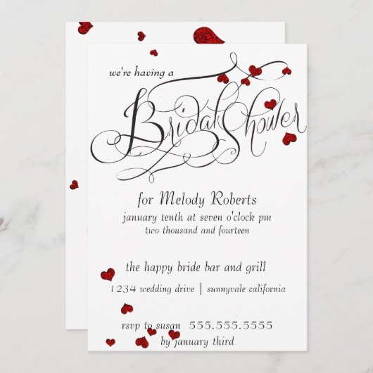 Rubyハート紙吹雪ブライダルシャワー 招待状 (正面/裏面)