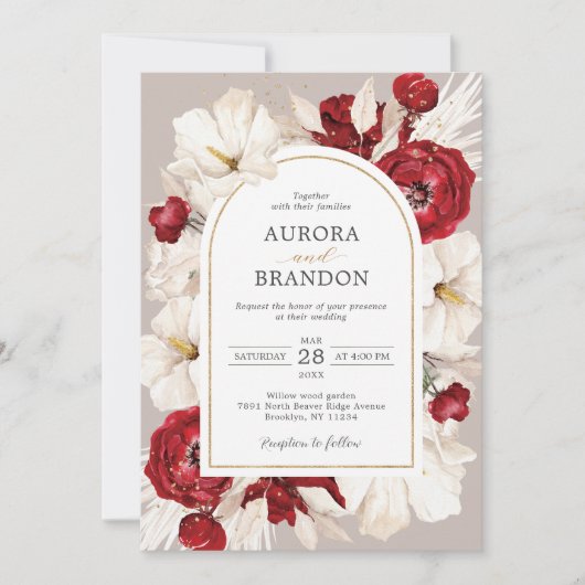 Ruby赤と白フローラ結婚式招待状 セーブザデート (正面)