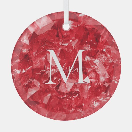 Ruby Birthstone Monogram Personalized Name ガラスオーナメント (正面)