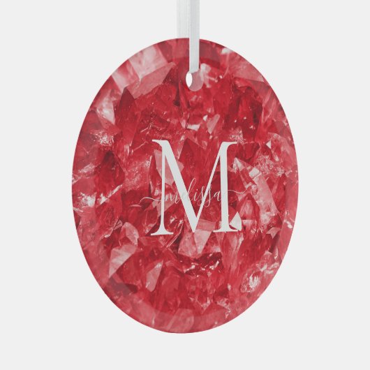 Ruby Birthstone Monogram Personalized Name ガラスオーナメント (正面右)