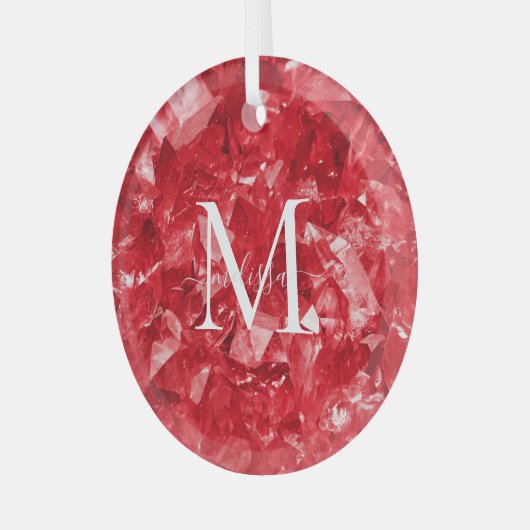 Ruby Birthstone Monogram Personalized Name ガラスオーナメント (正面左)