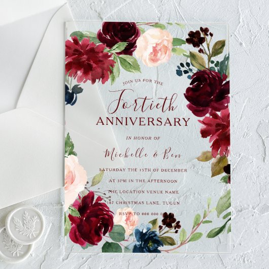 Ruby Burgundy Red Wreath 40th Wedding Anniversary アクリル招待状