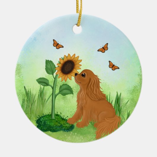 Ruby Cavalier King Charles Spaniel with Sunflower セラミックオーナメント (正面)