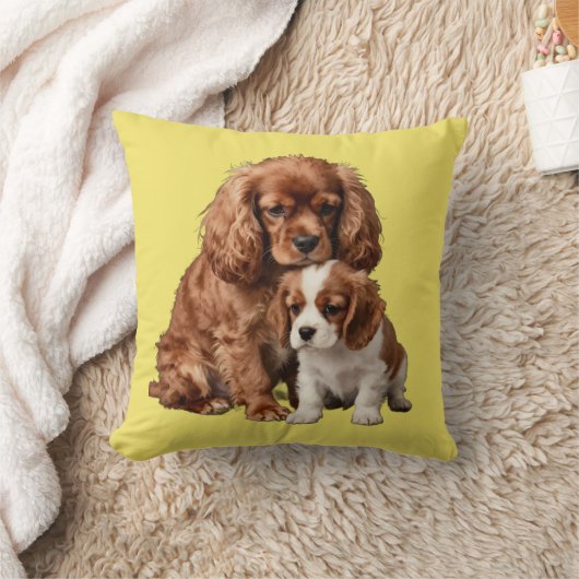 Ruby Cavalier Spaniel and her Blenheim puppy クッション (ブランケット)