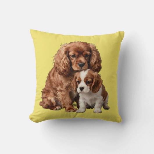 Ruby Cavalier Spaniel and her Blenheim puppy クッション (正面)