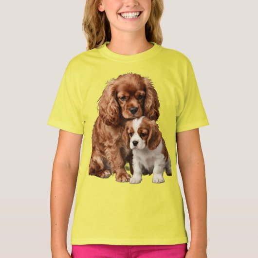 Ruby Cavalier Spaniel and her Blenheim puppy Tシャツ (正面)
