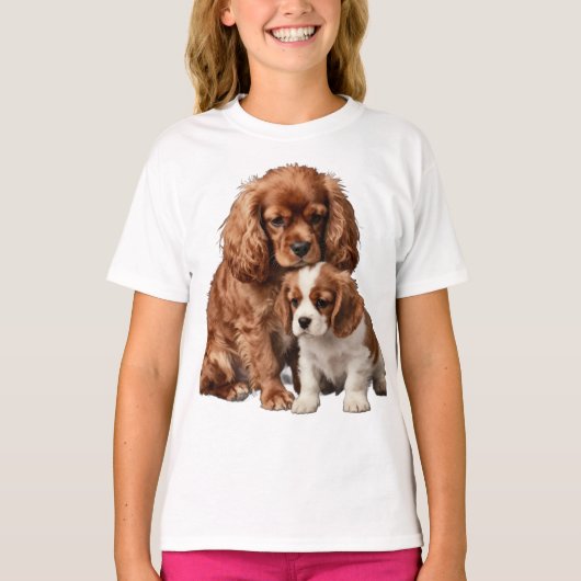 Ruby Cavalier Spaniel and her Blenheim puppy Tシャツ (正面)
