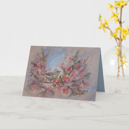 Ruby Kinglet Bird カード (黄色い花)