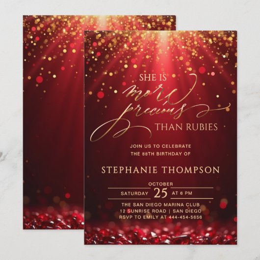 Ruby More Precious Red Gold Glitter 80th Birthday 招待状 (正面/裏面)