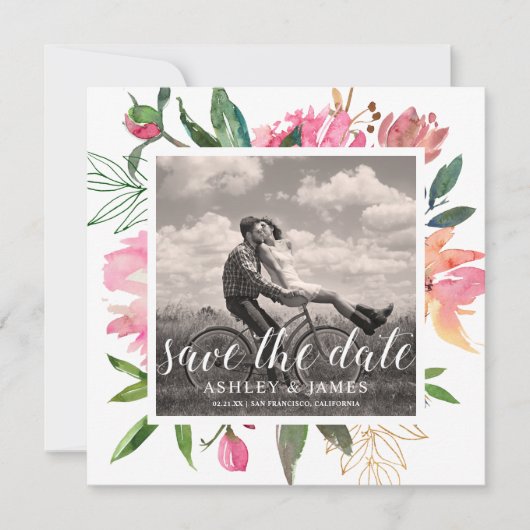 Ruby Pink Peony Botanical Photo Save the Date 招待状 (正面)