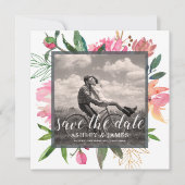 Ruby Pink Peony Botanical Photo Save the Date 招待状 (正面)