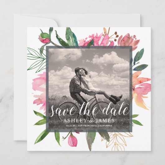 Ruby Pink Peony Botanical Photo Save the Date 招待状 (正面)