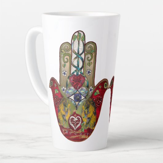 Ruby Pomegranate Heart Red Bird Hamsa カフェラテマグ (左アングル)