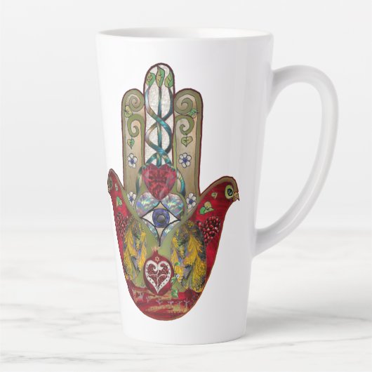 Ruby Pomegranate Heart Red Bird Hamsa カフェラテマグ (右)