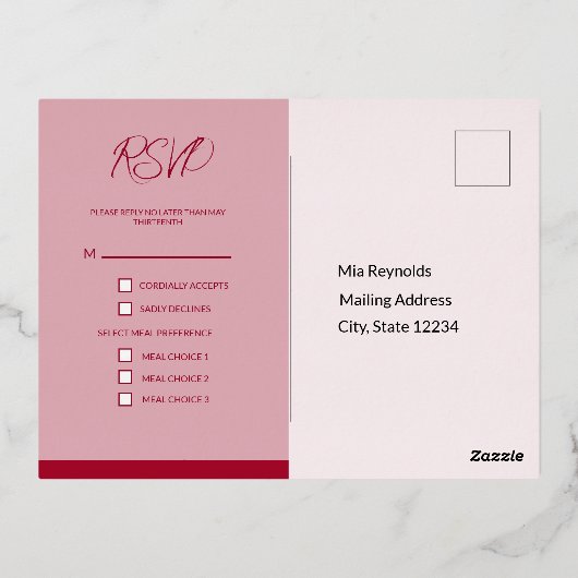 Ruby Redのフォイル結婚招待状RSVPポストカード 箔招待状ポストカード (裏面)