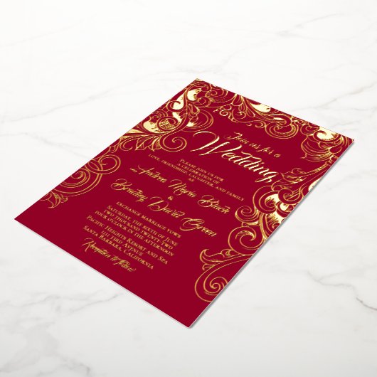 Ruby Red 実在 Gold Foil抽象芸術フローラ 箔招待状 (回転した状態)