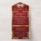 Ruby Red、金ゴールド葉、鳩とハート オールインワン招待状 (内側)