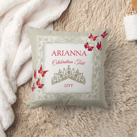 Ruby Red Butterflies, Champaign Gold Tiara クッション (ブランケット)