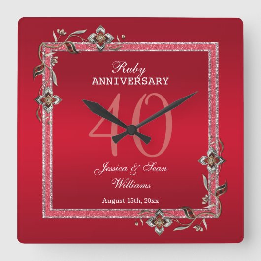 Ruby Red GemsとグリッターRuby 40TH 結婚's スクエア壁時計 (正面)
