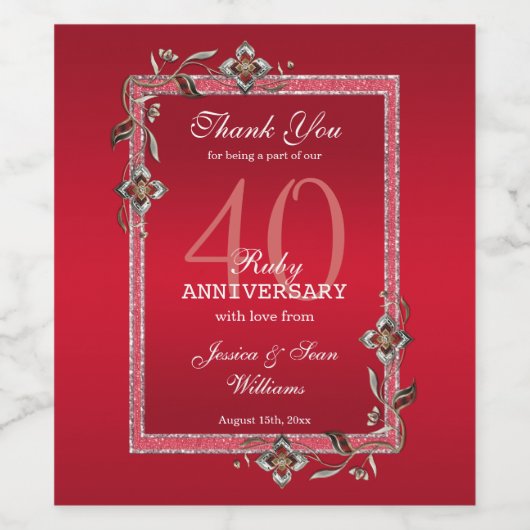 Ruby Red GemsとグリッターRuby 40TH 結婚's ワインラベル (シングルラベル)